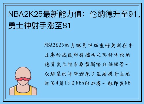 NBA2K25最新能力值：伦纳德升至91，勇士神射手涨至81